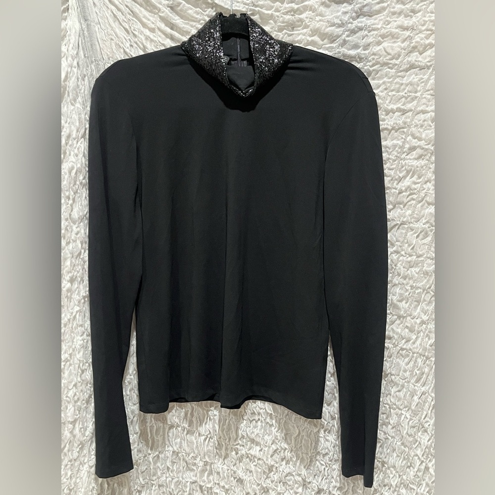 Lafayette 148 Black BEADED MOCK NECK, TURTLE NECK ZIPPER BACK TOP, SIZE 10